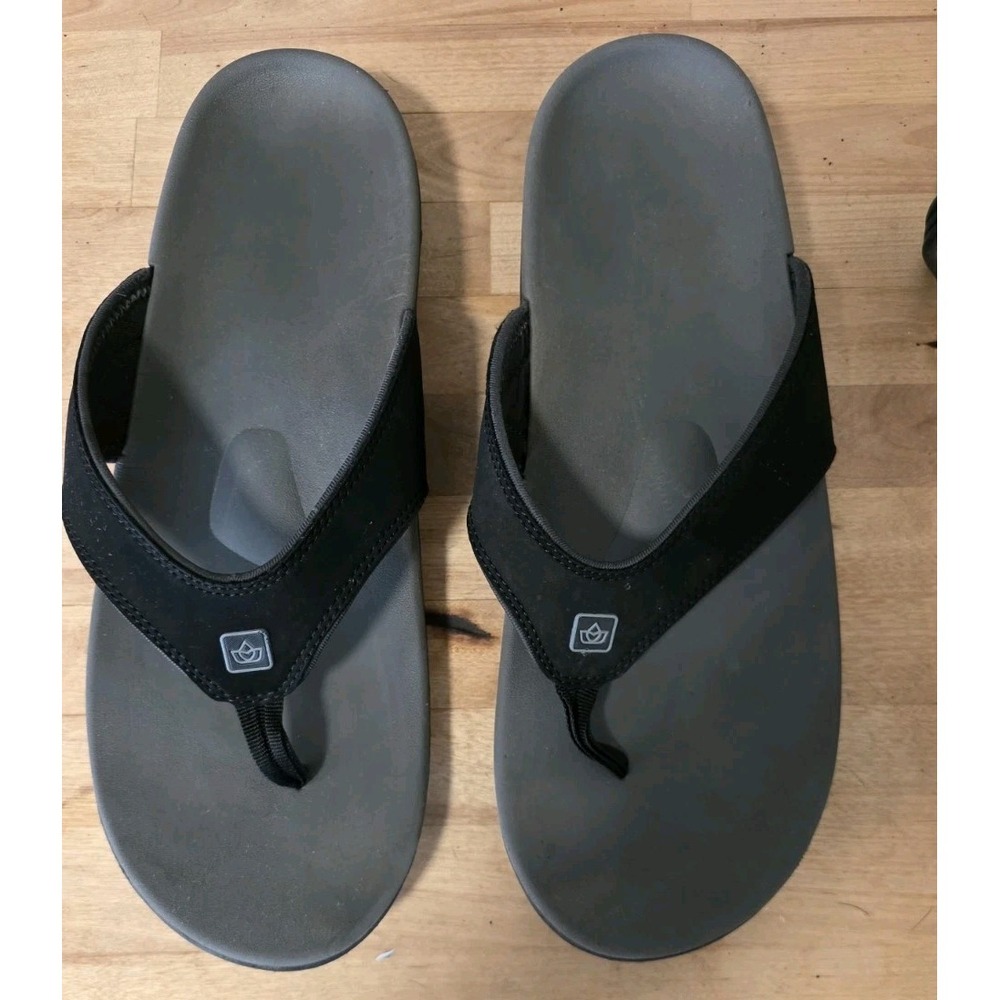 Spenco Yumii Mens 13 EE Flip Flop Sandals Black & Grey Comfy Leather Strap Ortho